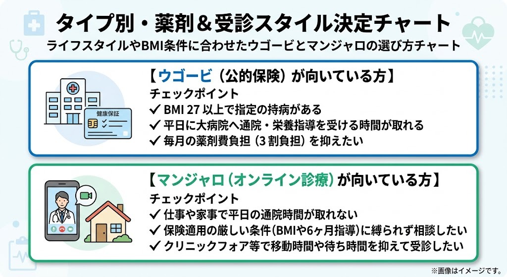 ライフスタイルやBMI条件に合わせたウゴービとマンジャロの選び方比較チャート