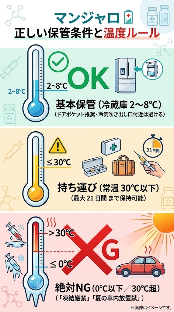 マンジャロの正しい保管条件（2〜8℃冷蔵保管・30℃以下21日間常温持ち運び・凍結厳禁ルール）