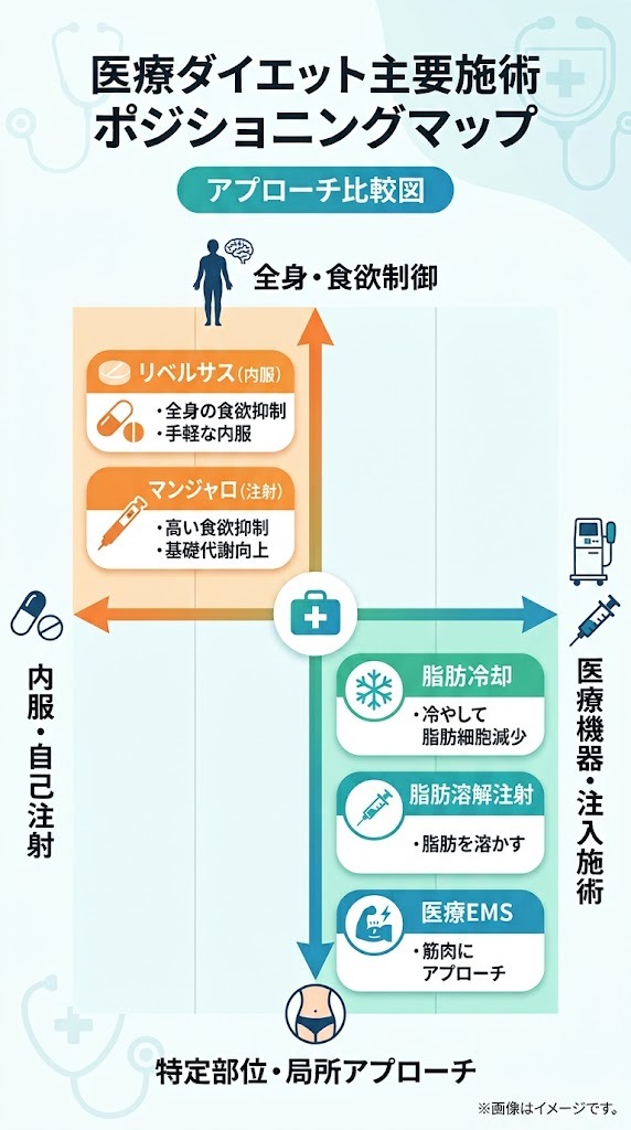 医療ダイエット主要施術（マンジャロ・リベルサス・脂肪冷却・脂肪溶解注射・医療EMS）のアプローチ別ポジショニングマップ