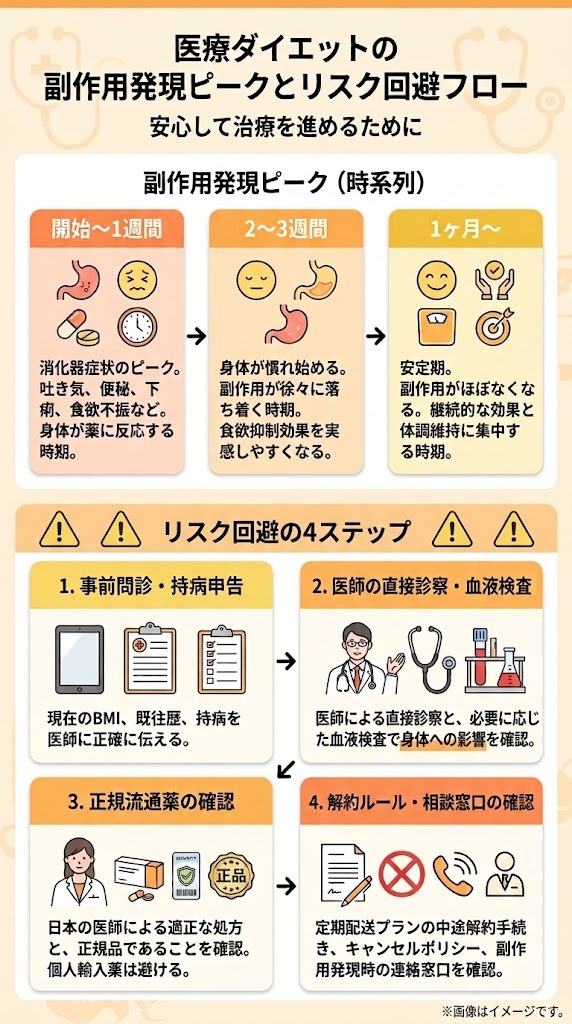 医療ダイエット（GLP-1・GIP受容体作動薬等）の副作用発現ピーク時期とリスク回避の4ステップフロー図