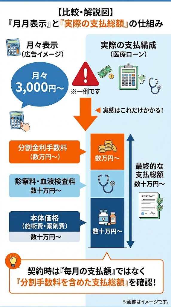 医療ダイエットの広告における月々表示と実際の支払総額・医療ローン分割手数料の仕組み解説図
