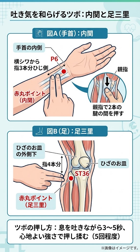 吐き気を和らげるツボ「内関（手首）」と「足三里（ひざ下）」の正確な位置と押し方