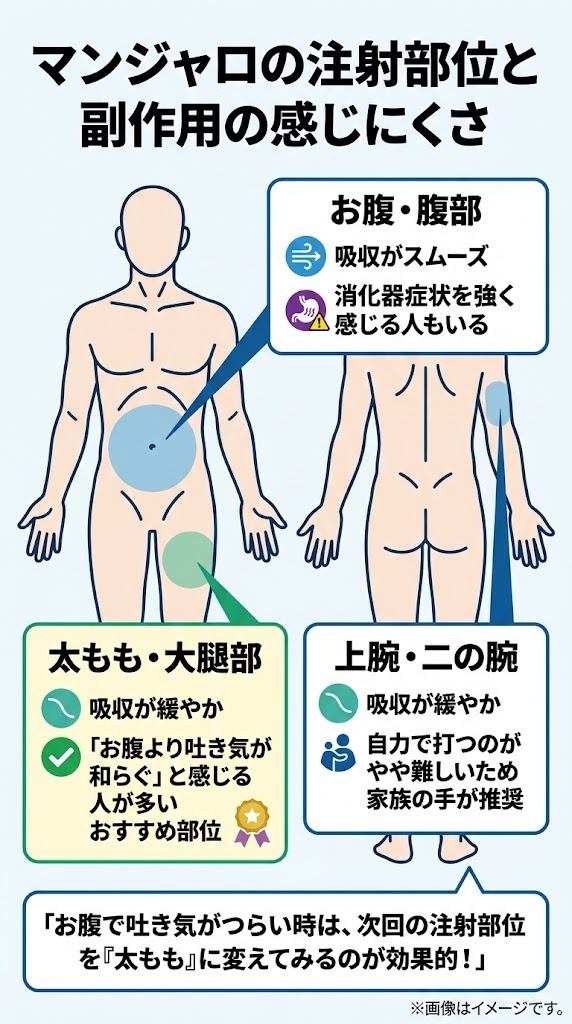 マンジャロの皮下注射部位（お腹・太もも・上腕）ごとの吸収速度と吐き気の出やすさ比較