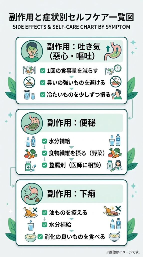 オゼンピック・マンジャロの主な副作用(吐き気・便秘・下痢)とセルフケア対処法一覧