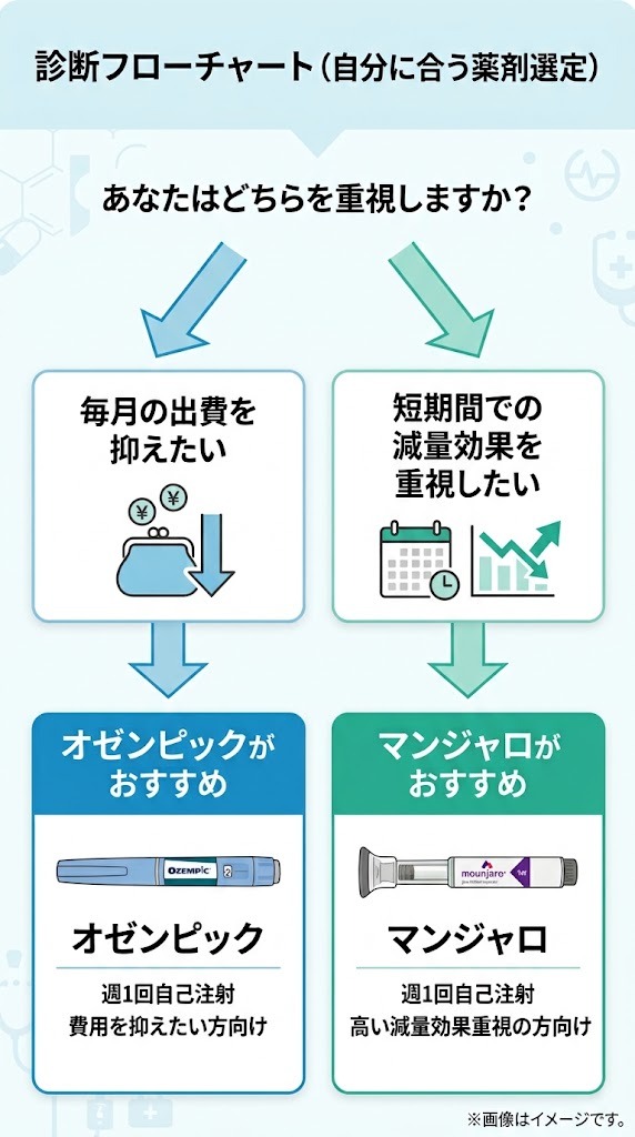 目的別に自分に合う薬剤(オゼンピックまたはマンジャロ)がわかる診断フローチャート