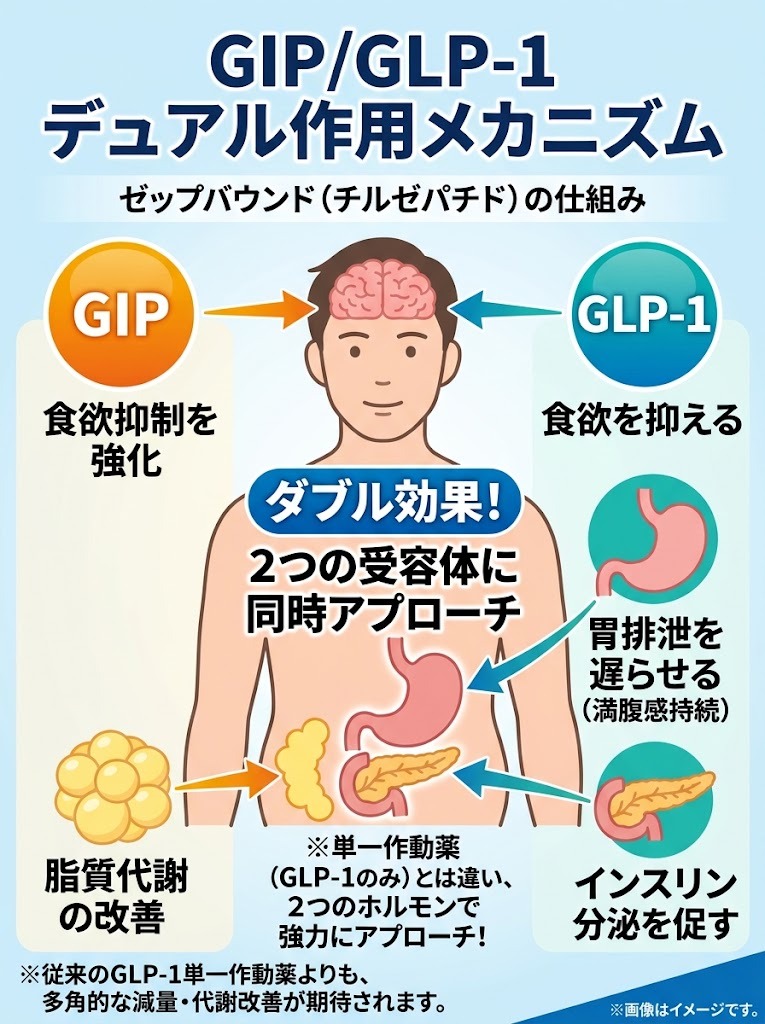 ゼップバウンド（チルゼパチド）のGIP・GLP-1デュアル作用メカニズム：食欲抑制と代謝改善のダブル効果