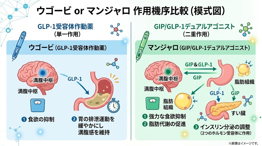 ウゴービ（GLP-1）とマンジャロ（GIP/GLP-1）の作用機序メカニズム比較模式図