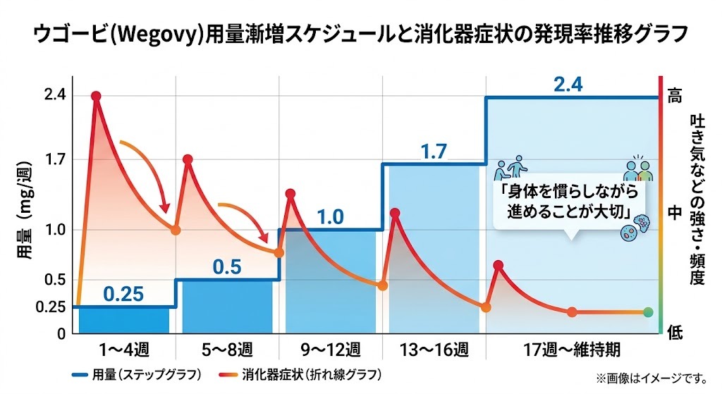 ウゴービの用量漸増スケジュール（0.25mg〜2.4mg）と吐き気など消化器症状の発現率推移グラフ