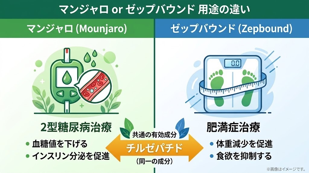 マンジャロ（2型糖尿病治療薬）とゼップバウンド（肥満症治療薬）の用途の違いを示す比較図