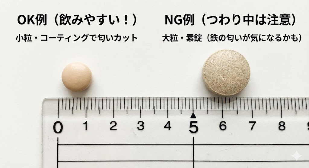 定規を使ったサプリメントの大きさ比較写真。左側の小粒でコーティングされた錠剤は飲みやすく、右側の大きくて素錠のものはつわり中に飲みにくいことを示している。