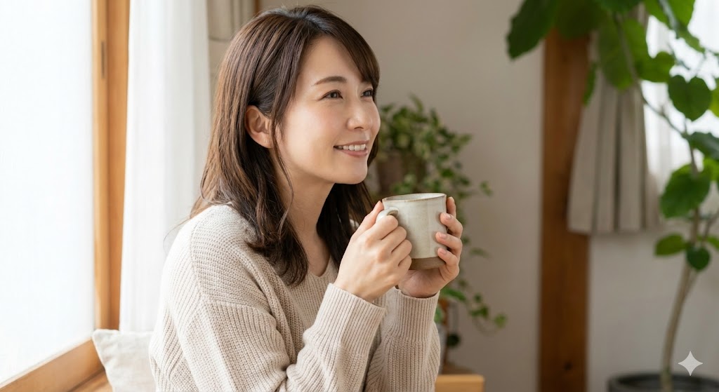 窓辺で温かい飲み物を持ち、穏やかに微笑む30代女性のポートレート。妊活への前向きな気持ちとリラックスした雰囲気を表現。