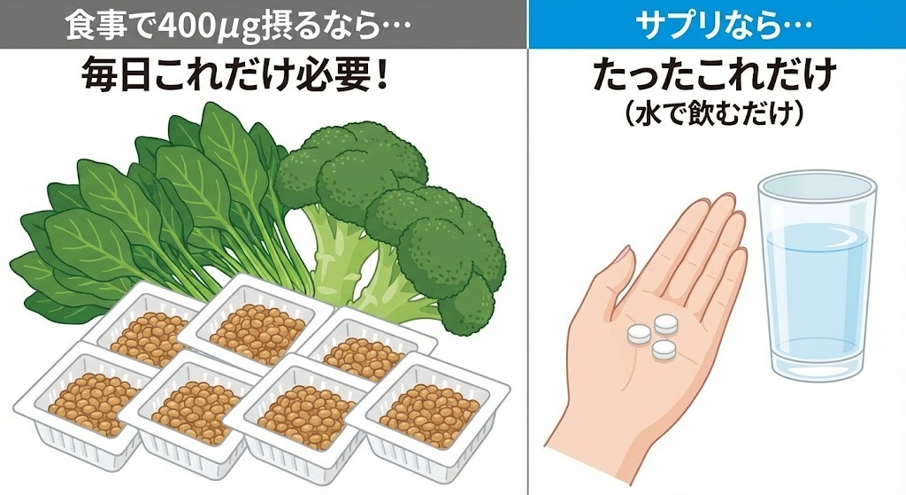 葉酸400μgを食事で摂取するために必要な大量の野菜(ほうれん草、ブロッコリー、納豆)と、同じ量の葉酸が摂れる小さなサプリメント数粒を比較したイラスト。食事摂取の難しさとサプリの手軽さを対比している。