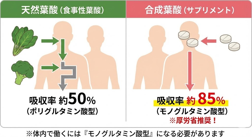 天然葉酸（食事性葉酸・ポリグルタミン酸型）の吸収率が約50%であるのに対し、合成葉酸（サプリメント・モノグルタミン酸型）は約85%と高く、厚生労働省も推奨していることを比較した図解。