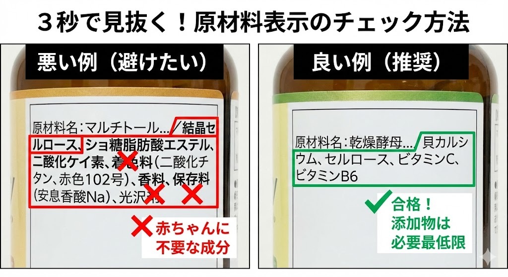 サプリメントのパッケージ裏面にある原材料名表示の比較写真。左側は避けるべき添加物（着色料、香料、保存料）が含まれる悪い例、右側は必要最低限の添加物のみが含まれる良い例を示している。