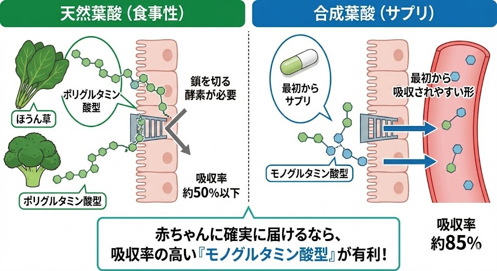 天然葉酸（食事性・ポリグルタミン酸型）と合成葉酸（サプリ・モノグルタミン酸型）の体内吸収メカニズムと吸収率の違いを比較したイラスト。