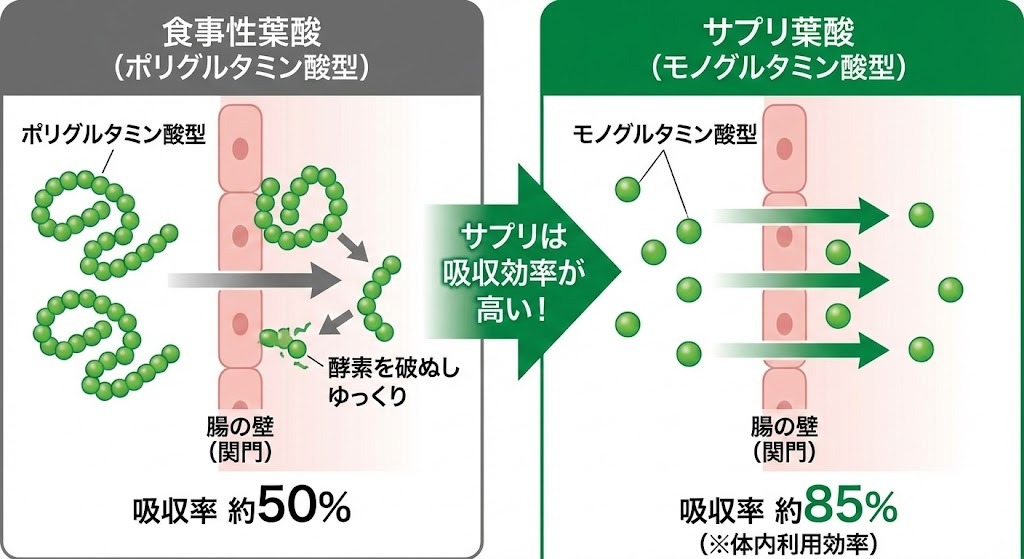 食事性葉酸（ポリグルタミン酸型）とサプリメント葉酸（モノグルタミン酸型）の体内吸収率の違いを示す図解イラスト。サプリ葉酸の方が吸収効率が高いことを表現。