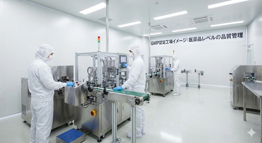 GMP認定基準を満たす清潔な医薬品製造工場の内部イメージ写真。白衣を着た作業員と衛生管理された製造ラインの様子。