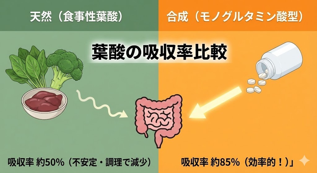 葉酸の吸収率比較図:食事性葉酸(天然)は約50%と不安定だが、合成葉酸(サプリ)は約85%と効率的に吸収されることを示すイラスト