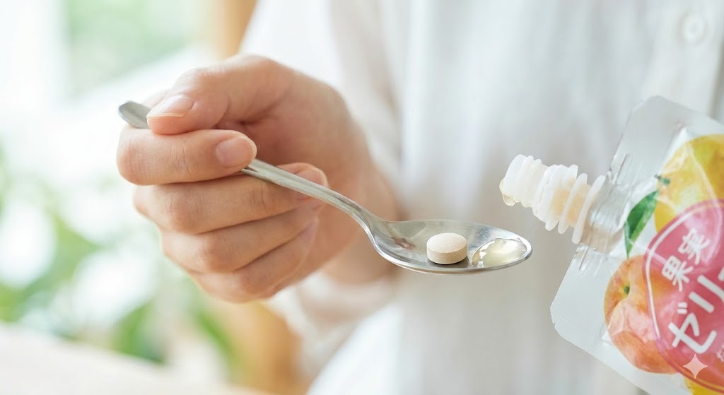 スプーンに載せたベルタ葉酸サプリをゼリー飲料と一緒に飲む様子