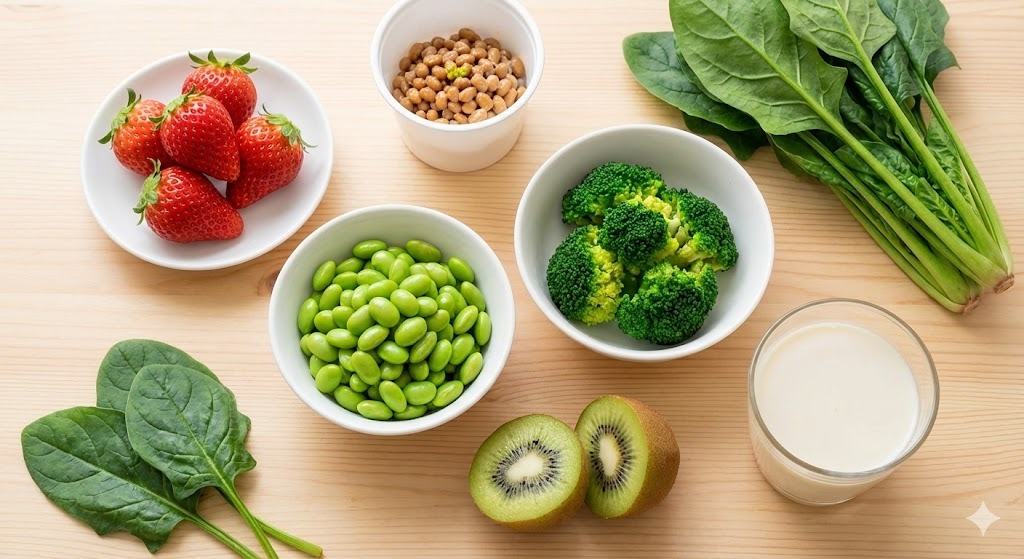 葉酸が豊富な代表的食材（枝豆、ブロッコリー、いちご、納豆）を明るい食卓に並べた写真