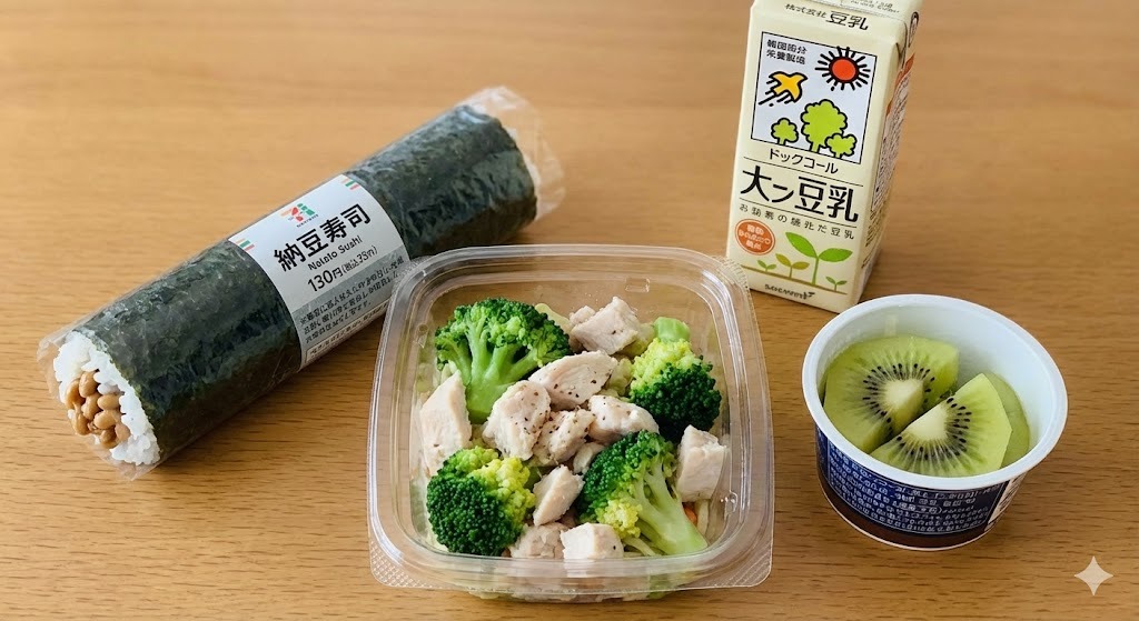 納豆巻き、カップサラダ、豆乳、カットフルーツを並べたコンビニ飯のセット