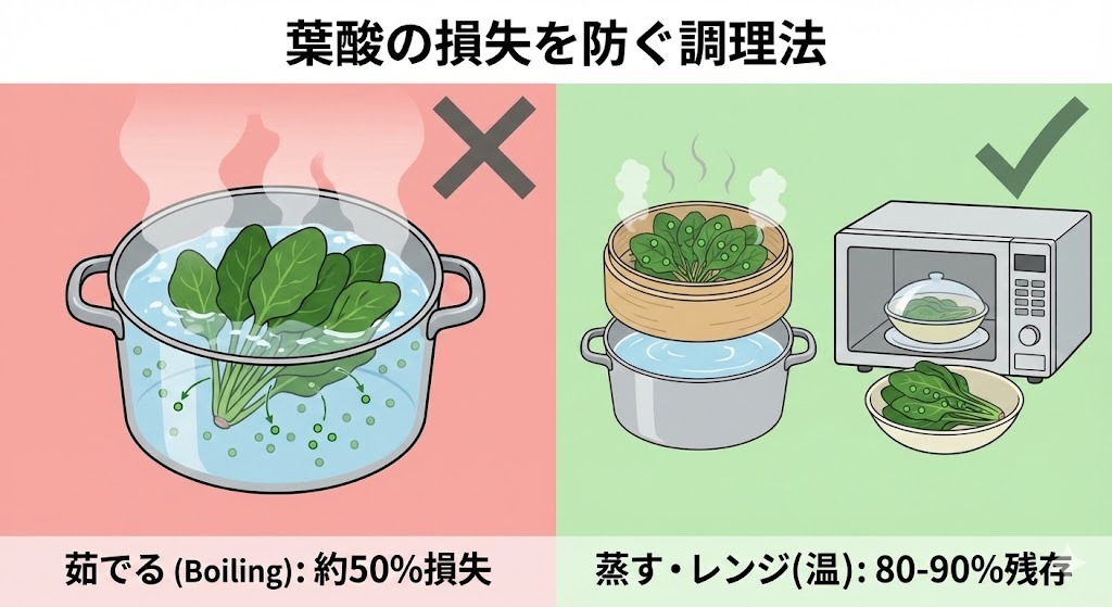 野菜を茹でる、蒸す、電子レンジ調理する工程の比較イラスト