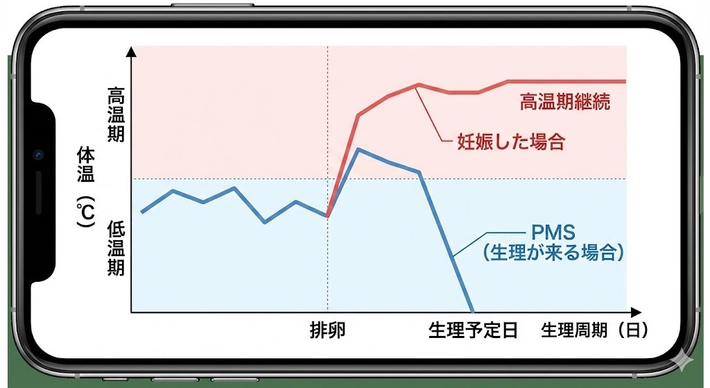 スマホ画面に表示された基礎体温の比較グラフ。妊娠した場合は生理予定日を過ぎても高温期が継続し、PMS（生理が来る場合）は体温が低下する様子を示している。