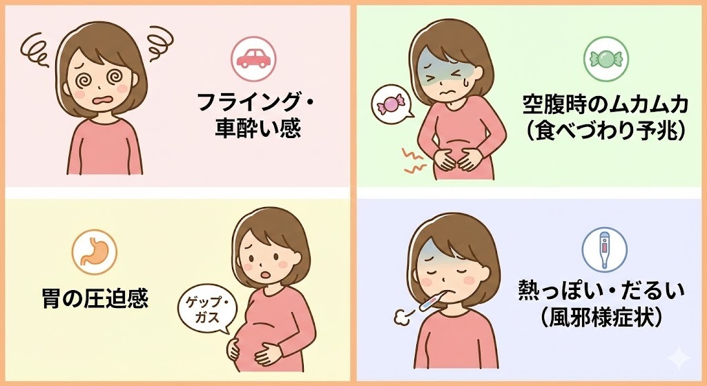 知恵袋などでよく見られる妊娠超初期の不調4パターン（フワフワ・車酔い感、空腹時のムカムカ、胃の圧迫感・ゲップ、熱っぽい・だるい）を女性のイラストとアイコンで示した4分割画像。