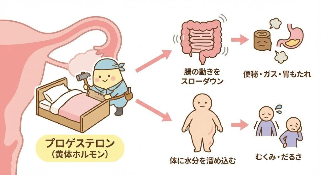 プロゲステロン（黄体ホルモン）が妊娠超初期の不調を引き起こすメカニズムの図解。ホルモンのキャラクターが腸の動きを鈍くして便秘や胃もたれを、体に水分を溜め込んでむくみやだるさを引き起こす様子をイラストで説明している。