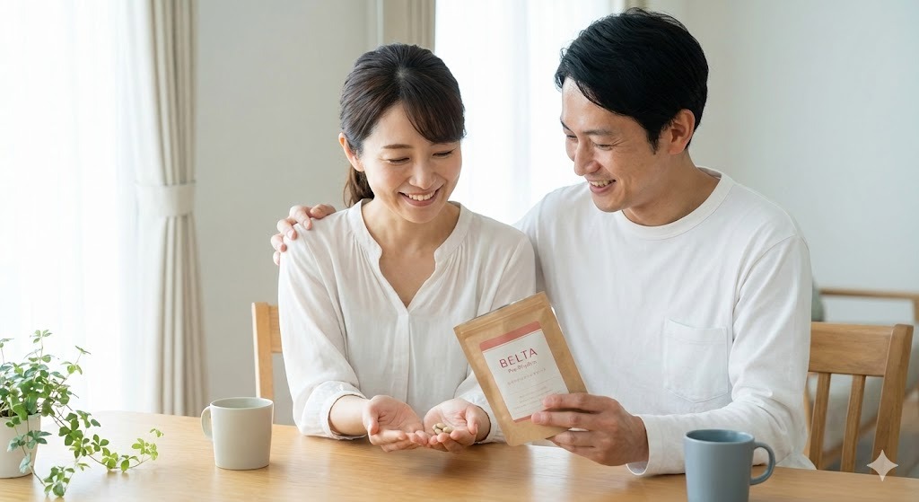 リビングでベルタプレリズムを手に笑顔で話す30代の夫婦。二人で協力して妊活に取り組む温かい様子の写真。