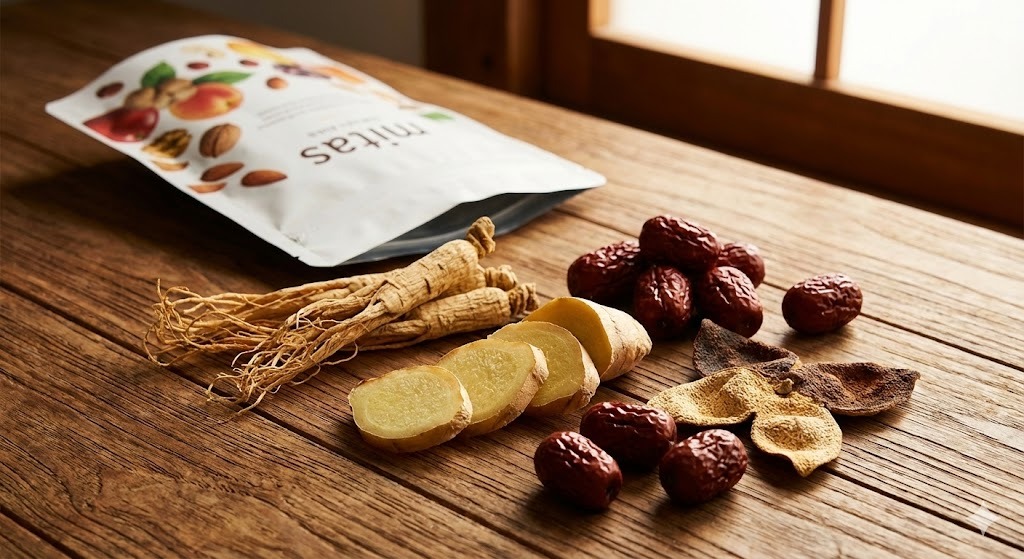 mitasに配合されている高麗人参、生姜、ナツメ、陳皮などの和漢素材を撮影したプロフェッショナルな写真。自然由来の成分が巡りをサポートし、温活効果をもたらすことをイメージさせる。背景には新パッケージが写っている。