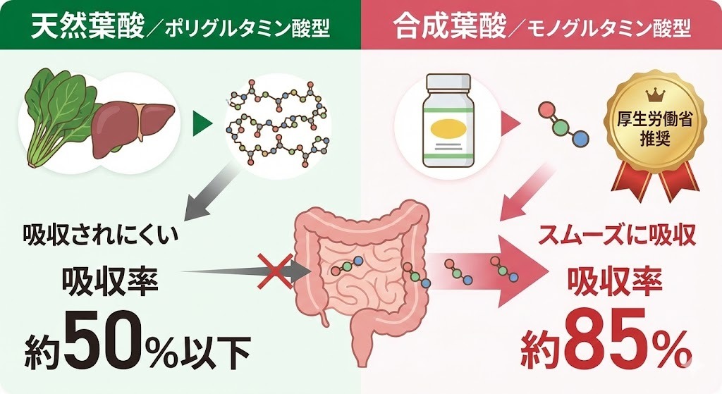 厚生労働省のデータに基づく、天然葉酸(ポリグルタミン酸型)と合成葉酸(モノグルタミン酸型)の体内吸収率の比較図。合成葉酸の方が吸収率が高く、妊娠初期に推奨される理由が図解されている。