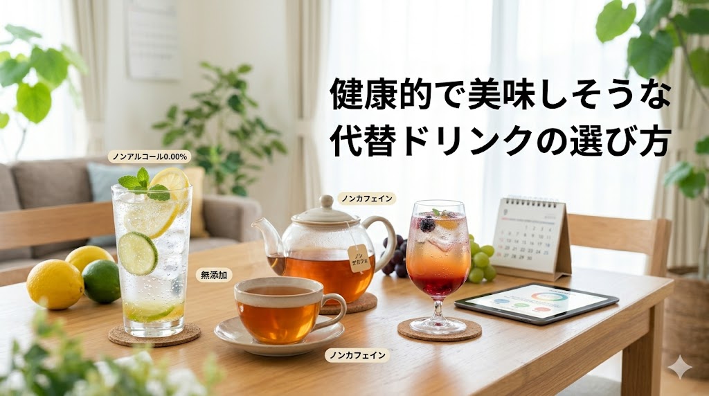 禁酒中のストレスを和らげる、健康的で美味しそうな代替ドリンクの例。炭酸水にレモンとミントを入れた自家製サワー風、温かいハーブティー、無添加果汁100%ジュースの炭酸割りが、明るい木製テーブルに並んでいる様子。