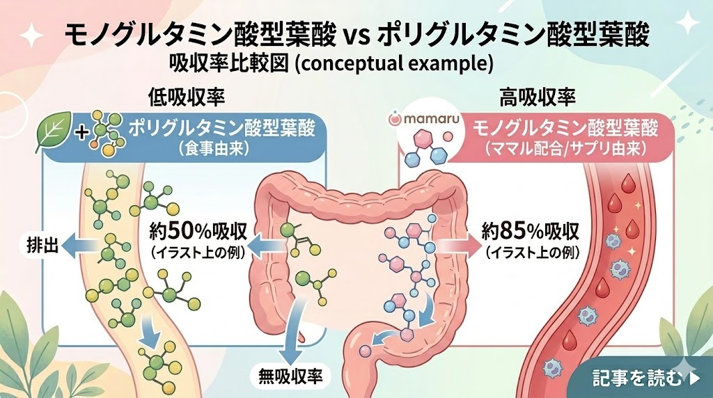 モノグルタミン酸型葉酸(サプリ)とポリグルタミン酸型葉酸(食事)の吸収率比較図