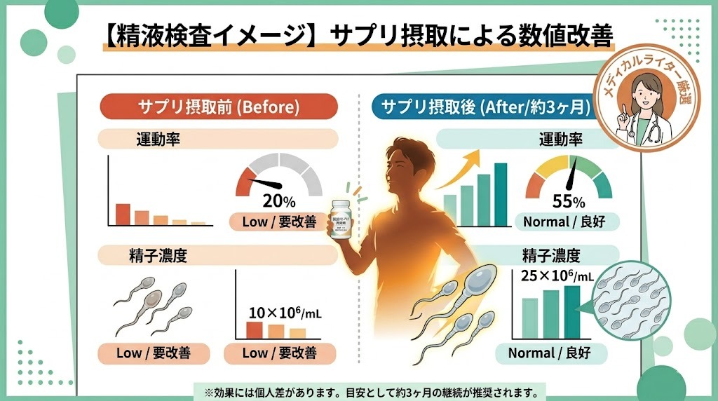 男性用妊活サプリ摂取前後の精液検査結果（数値改善）のイメージ図。サプリ摂取前（Low）と約3ヶ月摂取後（Normal/良好）の運動率と精子濃度の比較グラフ。健康的な男性のシルエットと共に数値の改善を示した、クリーンな医療レポート風インフォグラフィック。
