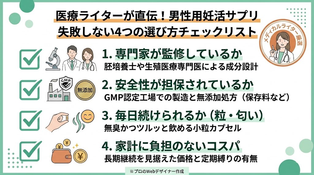 医療ライターが直伝する、男性用妊活サプリ選び4つのチェックリスト。1.胚培養士などの専門家監修、2.GMP認定・無添加の安全性、3.小粒・無臭のカプセル（継続性）、4.家計に負担のないコスパ、の4つの基準をチェックボックス形式でまとめたグラフィック。