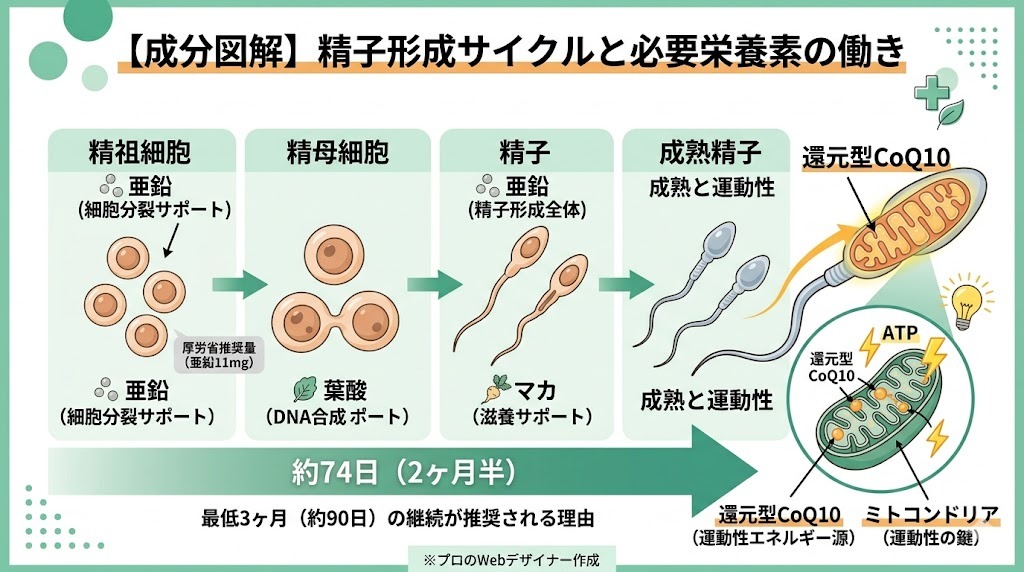 男性用妊活サプリが精子に働く仕組みを解説した図解。約74日の精子形成サイクル（精祖細胞、精母細胞、精子、成熟精子）の各段階で、亜鉛、葉酸、マカ、還元型CoQ10がどのように作用するかを矢印で示し、ミトコンドリアへのエネルギー供給を強調した医療インフォグラフィック。