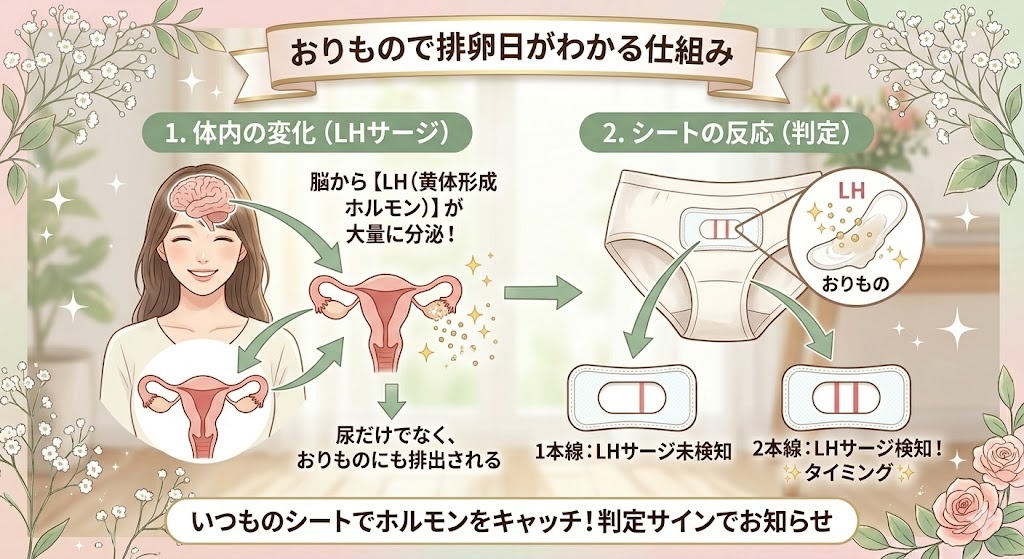 妊活おりものシートが排卵日を予測する仕組み図解。脳からのLH（黄体形成ホルモン）分泌（LHサージ）とおしものへの排出の流れ。