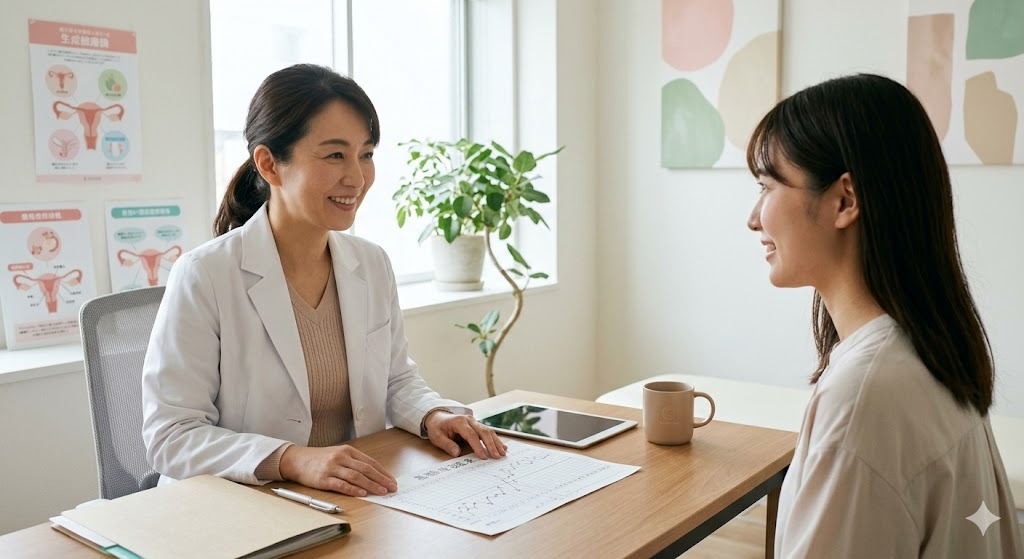 産婦人科の診察室で、基礎体温表を前に穏やかな笑顔で相談に乗る女性医師と、ほっとした表情で話を聞く女性患者。クリニック受診が前向きなステップであることを伝える優しい雰囲気の実写写真。