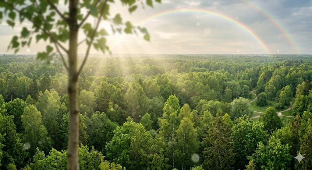 1日単位のブレに悩む読者の心を軽くする、幻想的で癒やしのある森の風景。画面いっぱいに広がる豊かな森全体が美しい緑のグラデーションを描き、その上空には希望を象徴する穏やかな虹と太陽の光が描かれている。手前の1本の木にはあえてピントを合わせず、奥に続く森全体(1周期の大きな波)を捉えることの大切さを象徴的に表現している。
