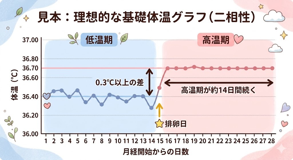 理想的な二相性の基礎体温グラフのインフォグラフィック(イラスト)。横軸が月経開始からの日数(1日〜28日)、縦軸が体温。低温期(薄水色)と高温期(薄ピンク)がはっきりと分かれ、その温度差が「0.3℃以上の差」と矢印で強調されている。14日目の「排卵日」に星マーク、15日目から28日目の高温期が「約14日間続く」ことが矢印で示されている。教科書のように見やすいパステルカラーのデザイン。