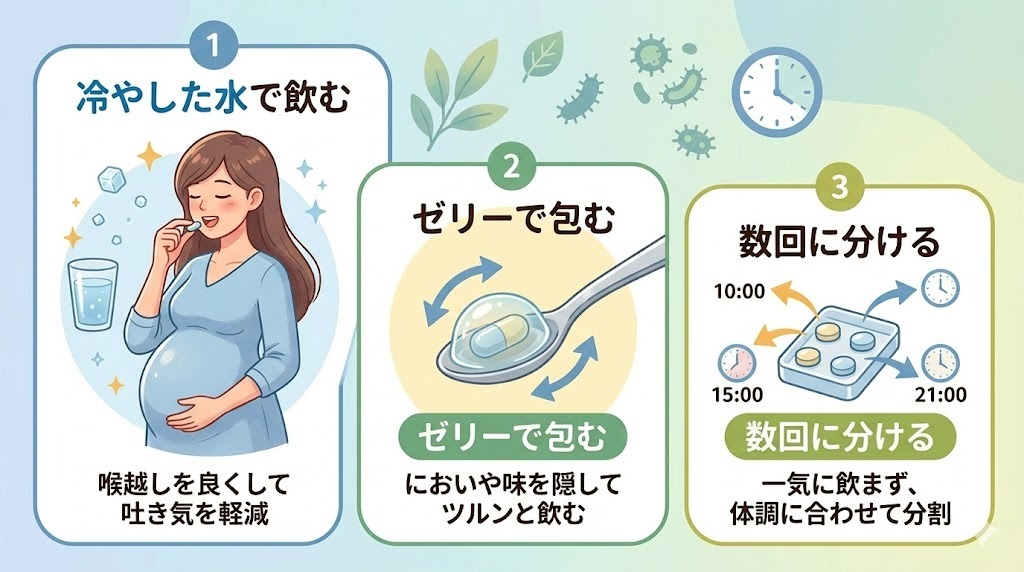 つわり中のサプリ飲みやすさ工夫図解(冷やした水・炭酸水、ゼリーで包む、朝夕に分ける方法)
