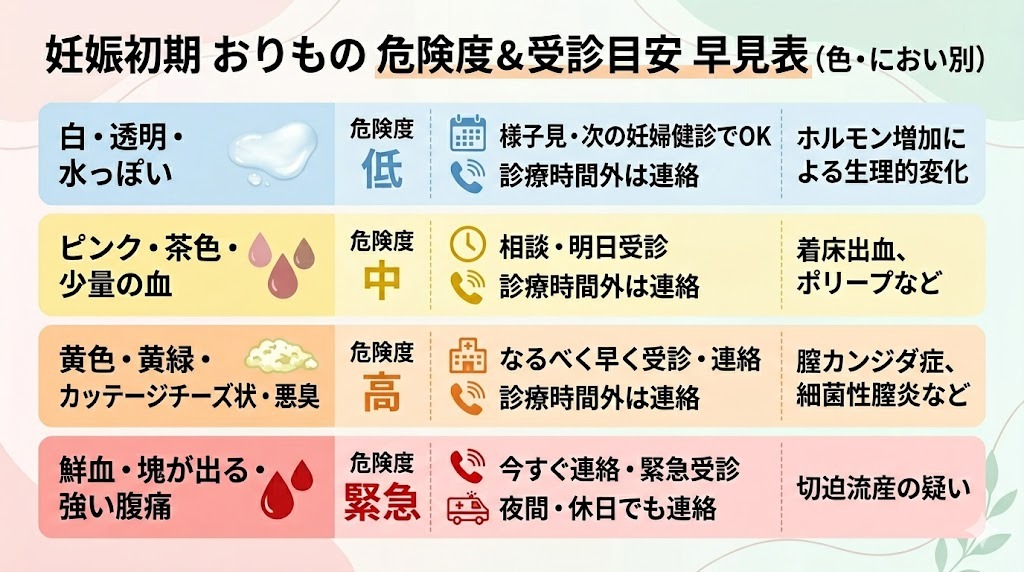 妊娠初期のおりもの危険度と受診目安の早見表。「白・透明」は正常、「ピンク・茶色」は注意・明日受診、「黄色・悪臭・カッテージチーズ状」は要治療、「鮮血・塊・強い腹痛」は緊急・今すぐ連絡、と色と状態別に色分けして解説。