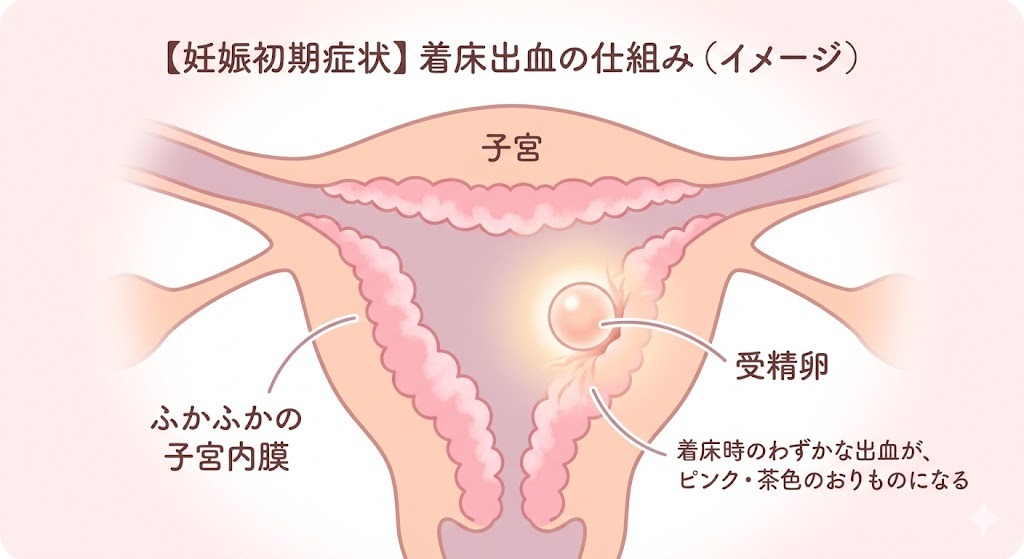 着床出血の仕組みを説明する、優しいパステル調の子宮断面図。小さな光る球体である受精卵が、ふかふかとしたピンク色の子宮内膜にそっと潜り込み、着床する様子を描いたイラスト。流産の恐怖を和らげる温かいイメージ。