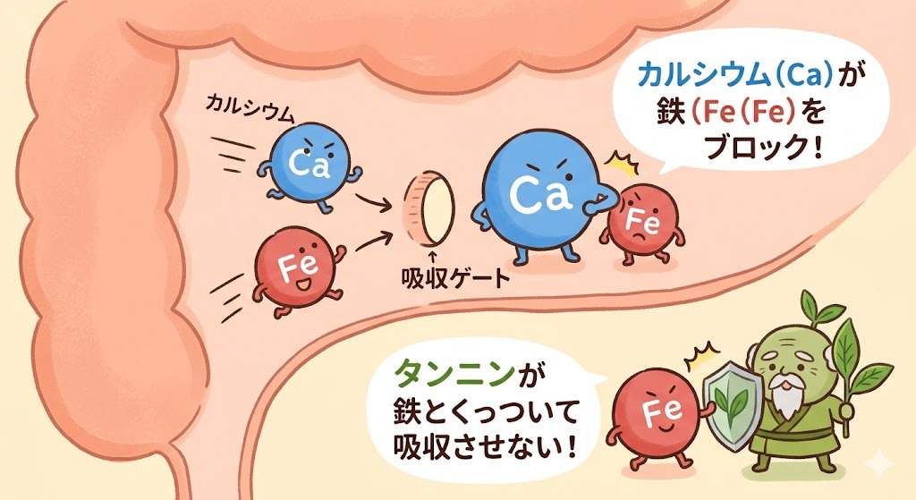 腸内での鉄分吸収をカルシウムとタンニンがブロックする仕組みを図解した模式図