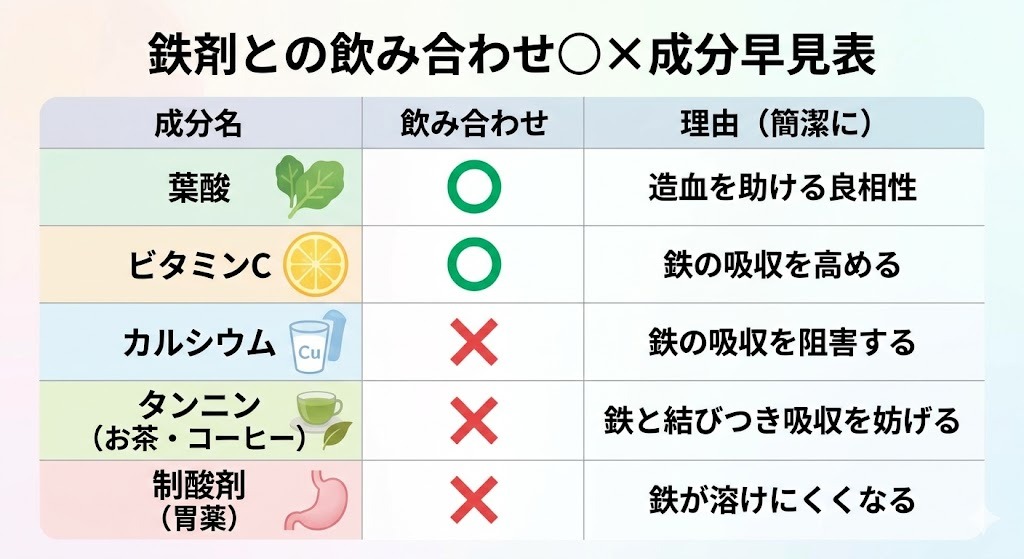 葉酸、ビタミンC、カルシウム、タンニン、制酸剤の鉄剤との飲み合わせ〇×判定表
