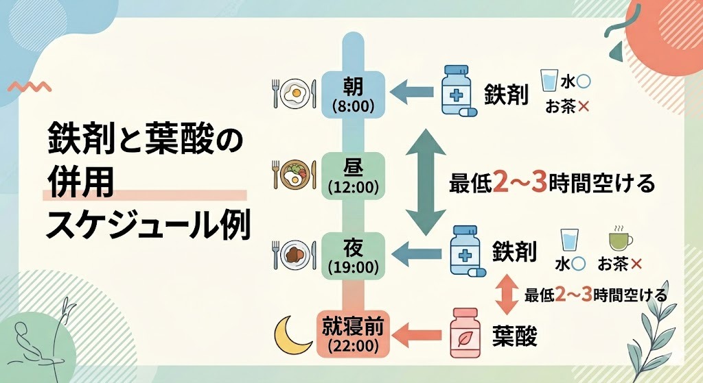 鉄剤と葉酸サプリを2時間以上空けて服用する1日のタイムスケジュール例
