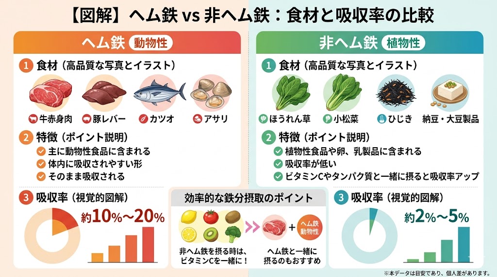 ヘム鉄と非ヘム鉄の食材と吸収率の比較図解。赤身肉やカツオなどの動物性食品に含まれるヘム鉄は吸収率が10〜20%と高く、ほうれん草などの植物性食品に含まれる非ヘム鉄は吸収率が2〜5%と低いことを比較しています。