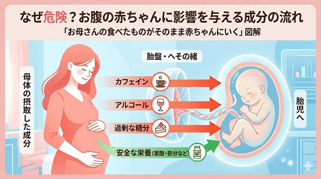 妊娠初期の母体から胎盤を通じて胎児へ、カフェイン、アルコール、過剰な糖分が移行する様子を表した図解。