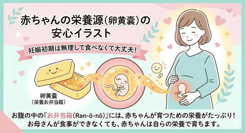 妊娠初期の赤ちゃんの栄養源である卵黄嚢（らんおうのう）の解説イラスト。お母さんが食事ができなくても赤ちゃんが育つ理由